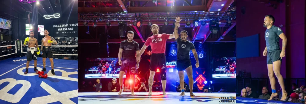 Coach Nahuel Cañiza in action – grappling victory, competition entrance, and kickboxing training